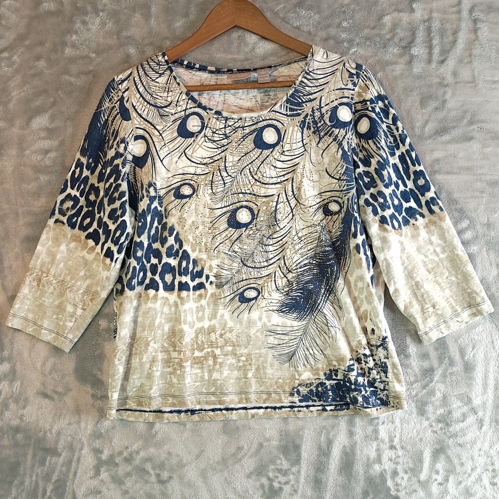 Chico's Peacock Feather Animal Print Top Size 2 Large 12/14 Embellished 3/4 Slv